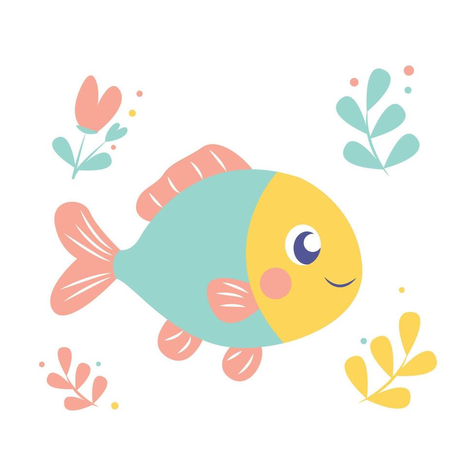 Cute Happy Colorful Fish Cartoon Character Swimming in the Sea with Floral vector