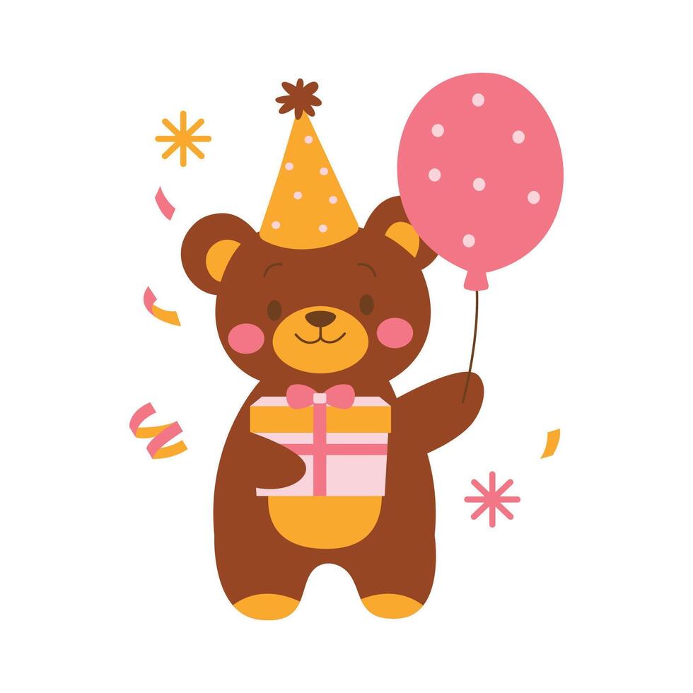 Adorable Teddy Bear Doll Toy Character Celebrate Happy Birthday with Gift Box and Balloon vector