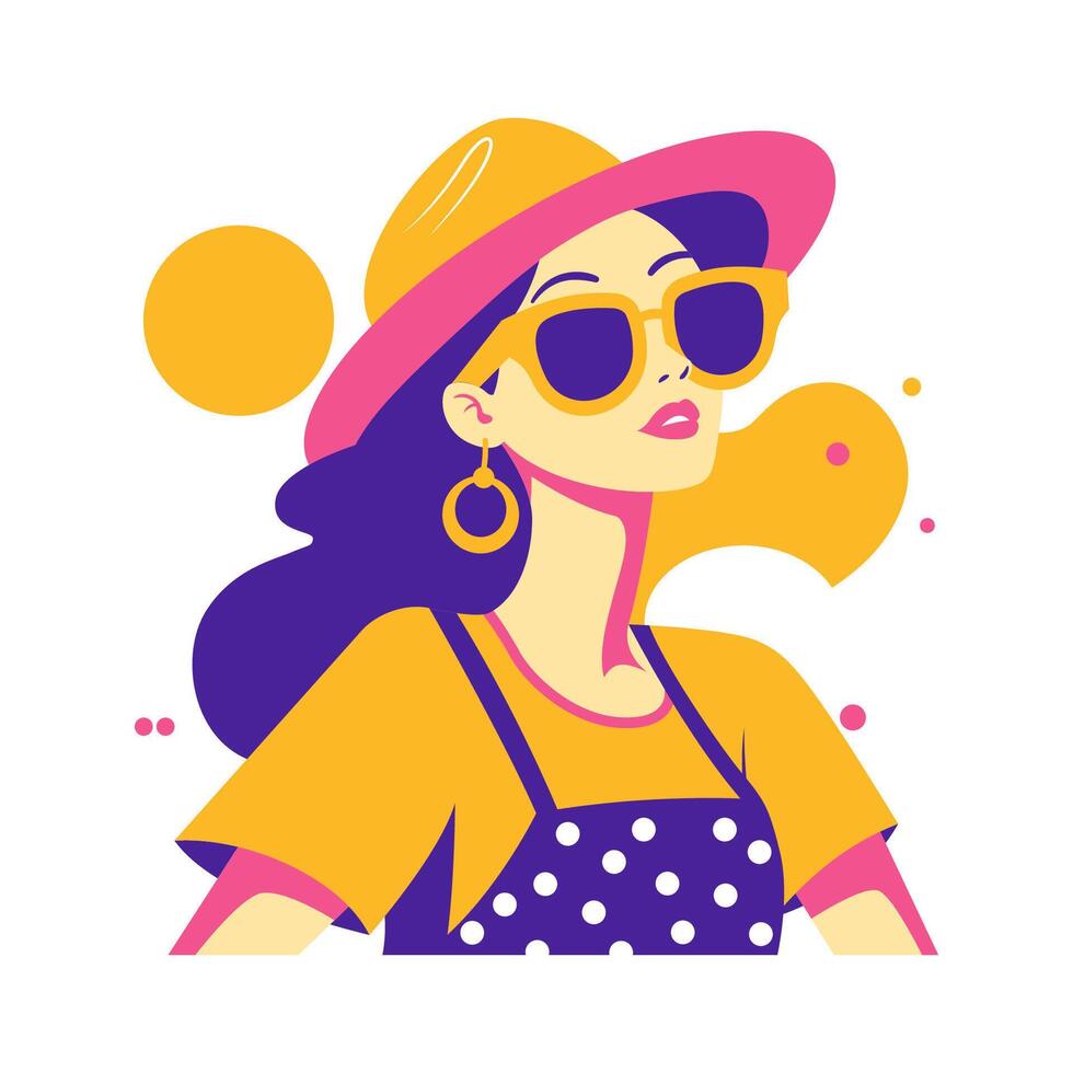 Beautiful Girl Character Wearing Sunglasses and Hat Fashion in Retro Style with Memphis vector
