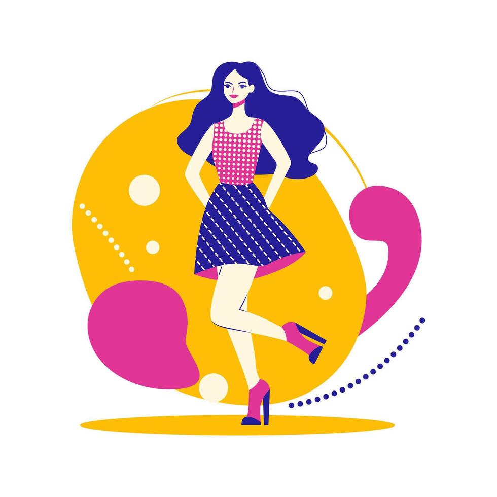 Beautiful Girl Character Wearing Fashion in Retro Style with Memphis vector