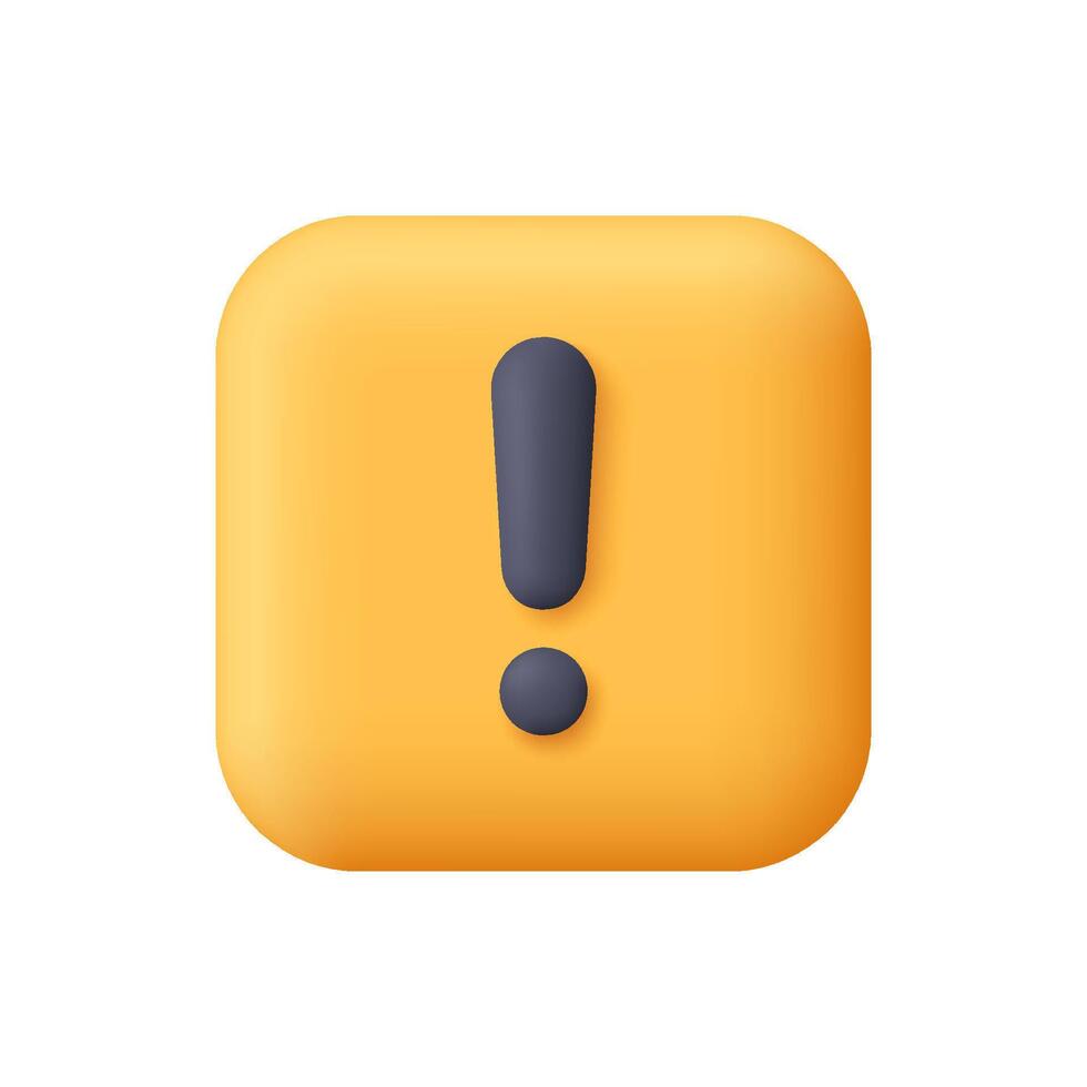 Exclamation sign on yellow square app button. Alert, warning, caution and danger concept. 3d icon. Cartoon minimal style. vector