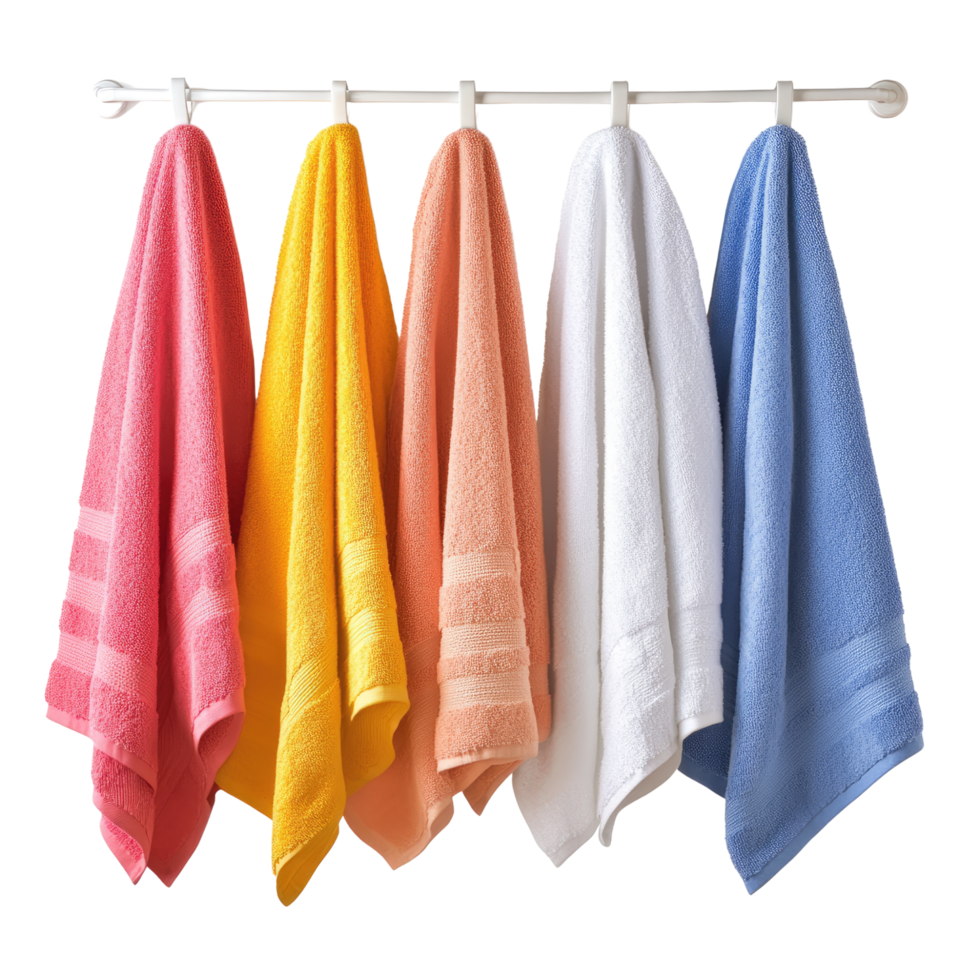 stylish hanging bath towels in different colours isolated on transparent background. png