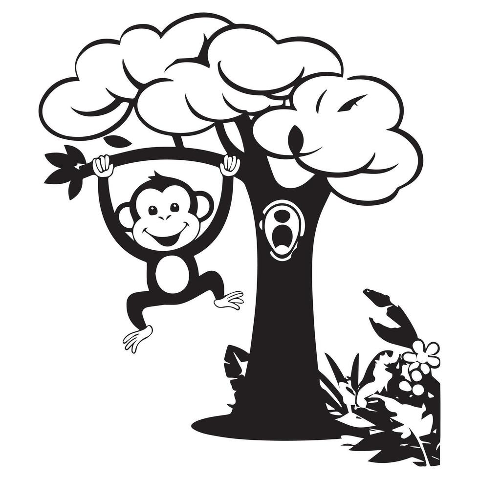Playful Monkey on a Tree Coloring Page vector