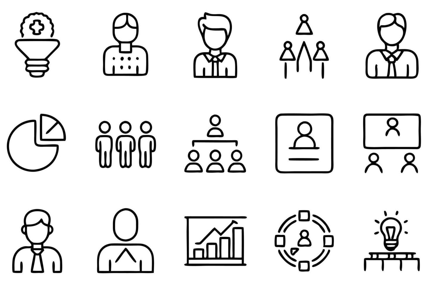 Set of business workshop icons, representing teamwork, training, and professional development. Perfect for corporate events, seminars, and educational content. Clean design. vector