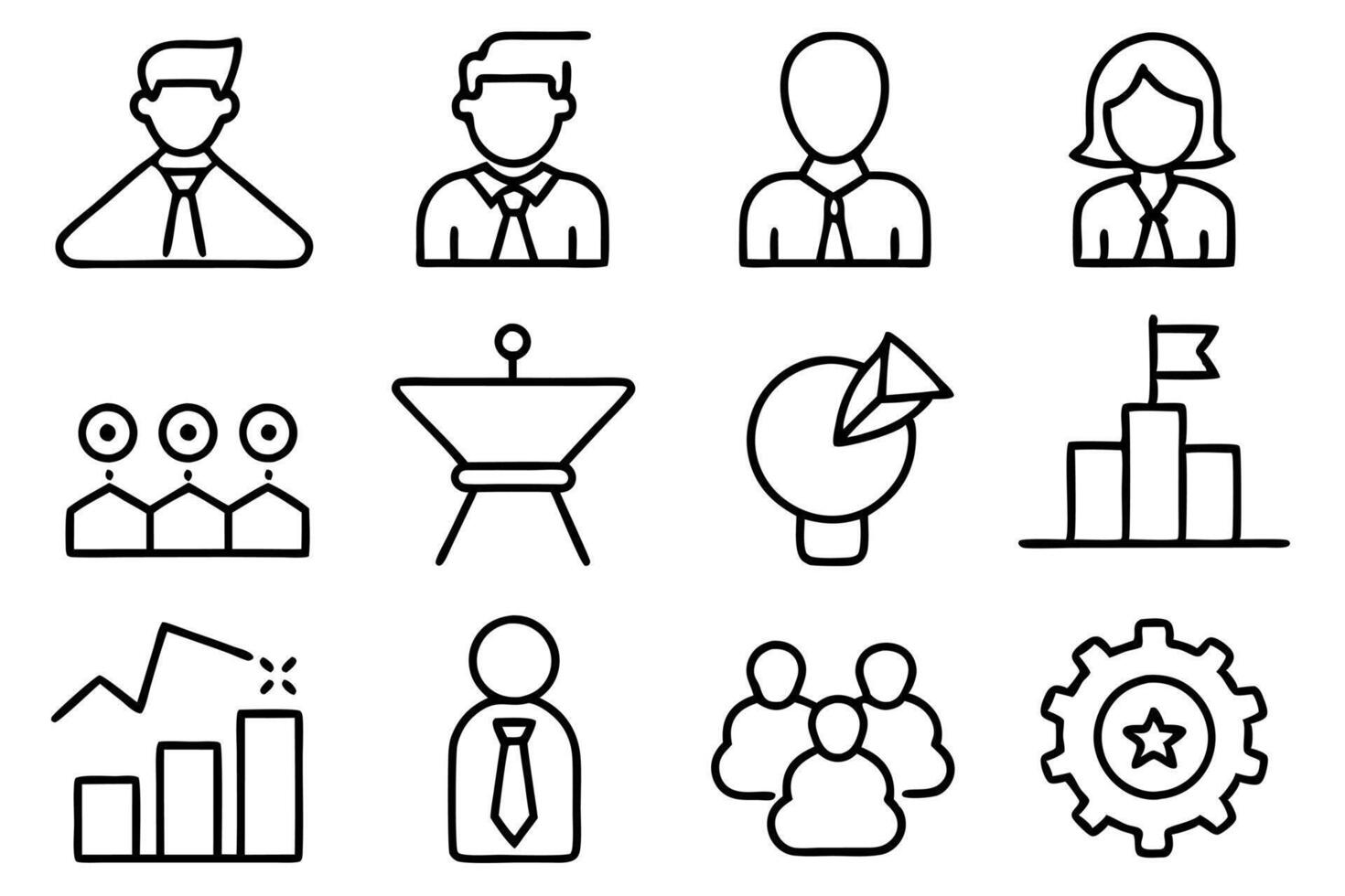 Icons for business workshop themes, highlighting concepts like coaching, networking, and brainstorming. Ideal for use in promotional materials, business events, and online courses. Simple style vector