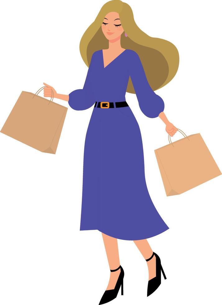 woman shopping, with shopping bags in hands, blonde woman vector