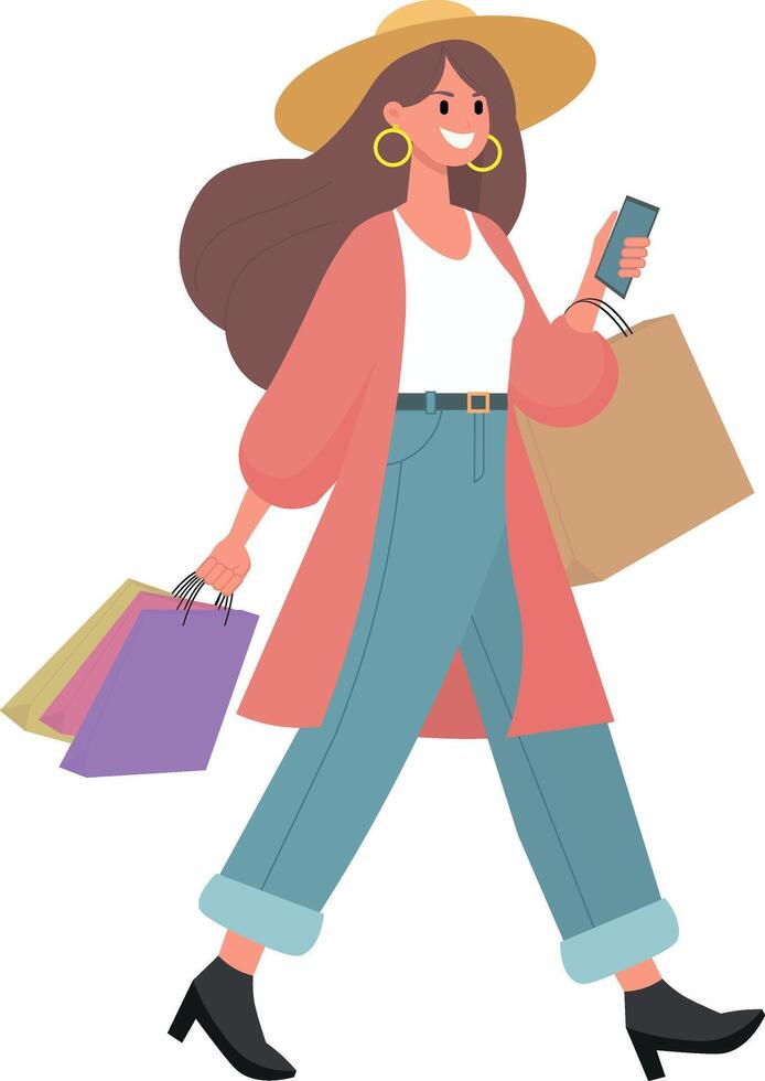woman shopping, with shopping bags in hands, with phone vector