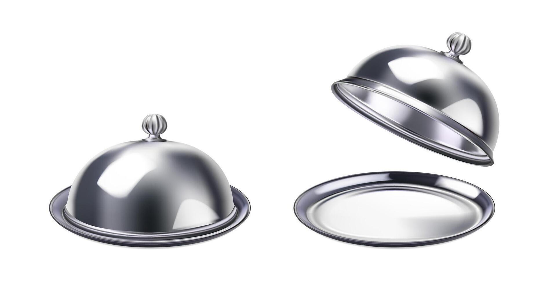3d realistic icon illustration. Food cloche with cover and tray closed and open. Isolated. vector