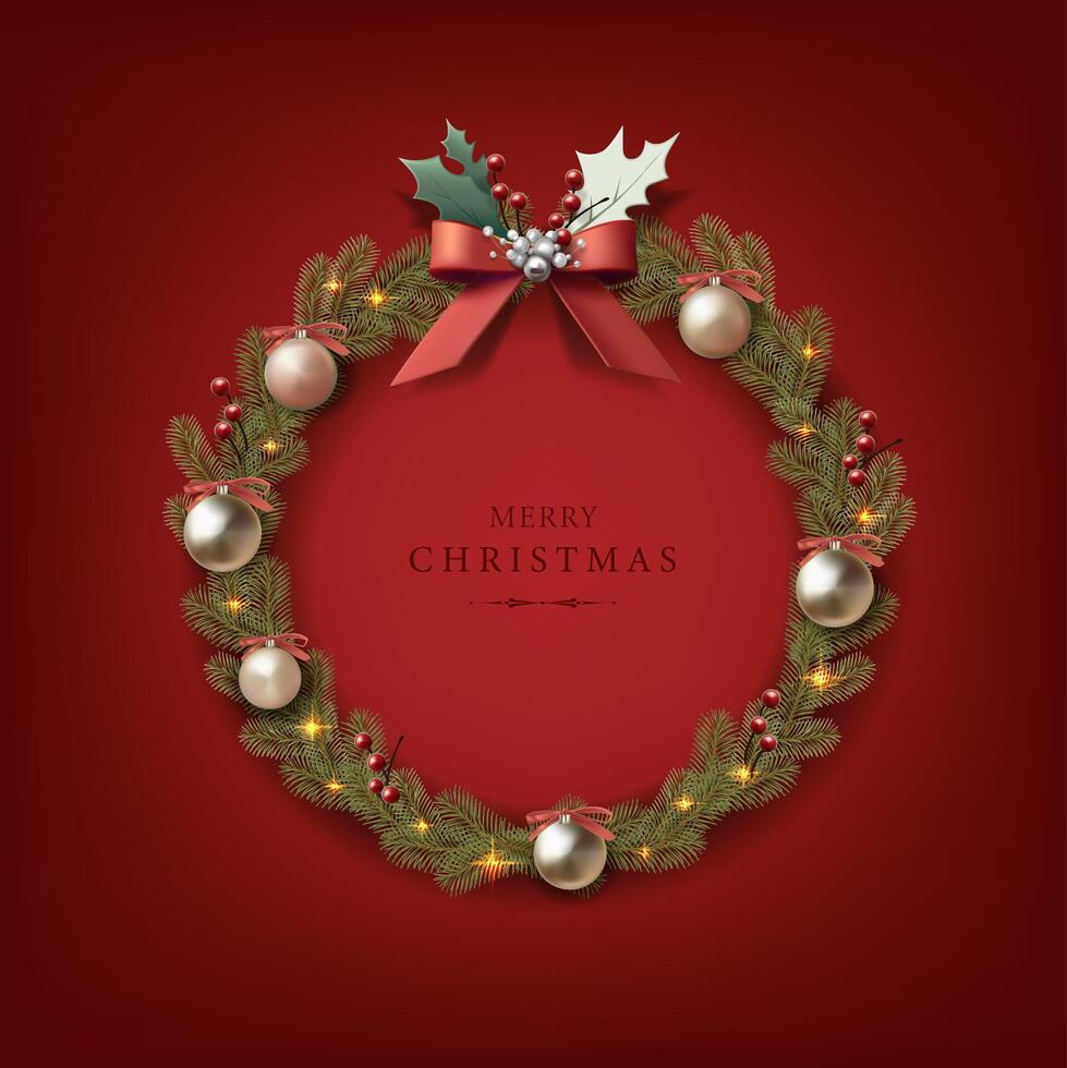 red Christmas celebration banner. Fir three door wreath with decorations, balls and lights with red ribbon. vector