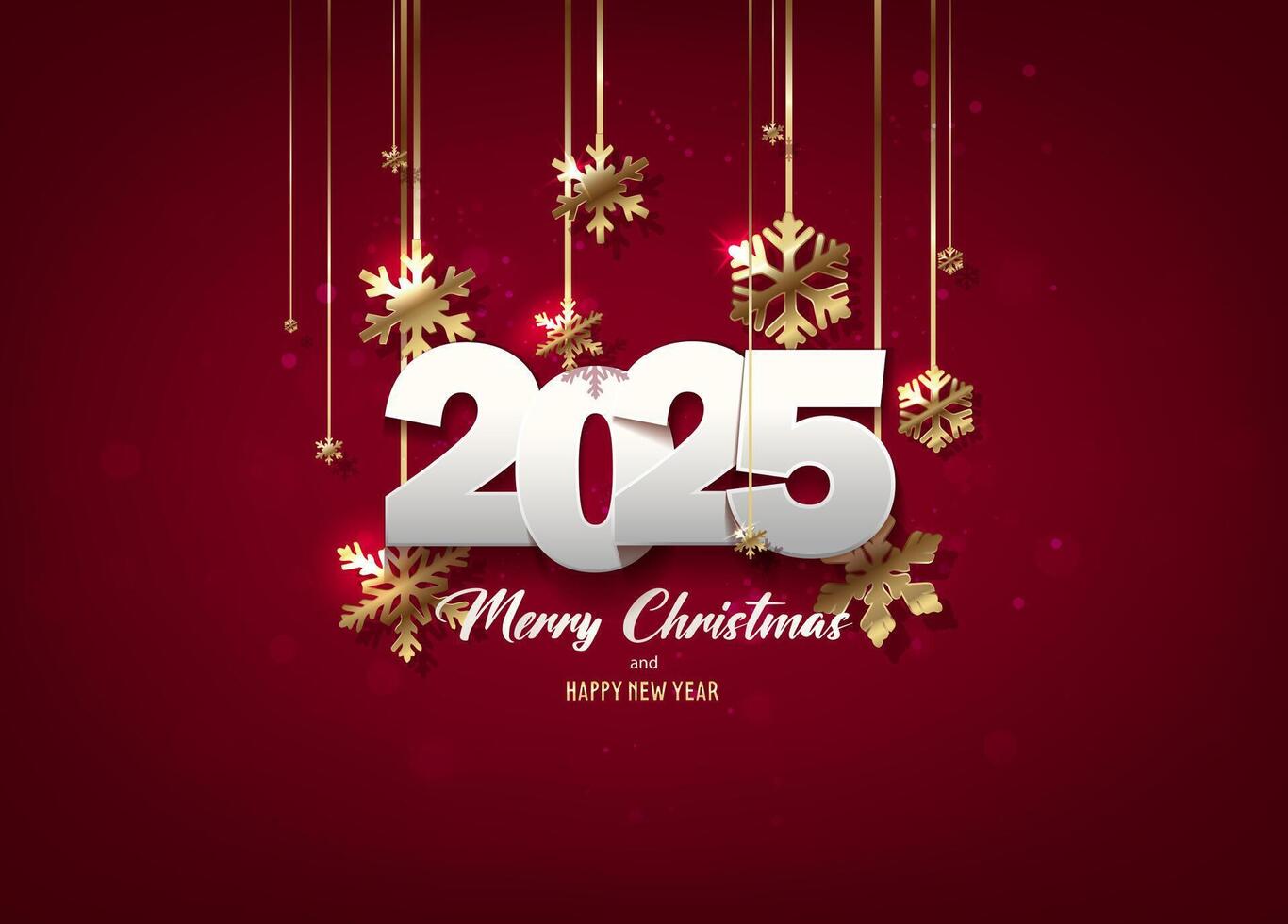 Vertical illustration 2025 Merry Christmas and happy new year background. Holiday greeting banner, flyer, and card. with hanging golden snowflakes on red background. vector