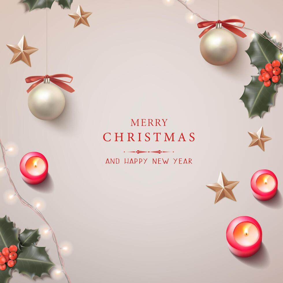 3d realistic illustration. Christmas festive banner with lights. Celebration banner, with candles and christmas balls and holly branches with berries. vector