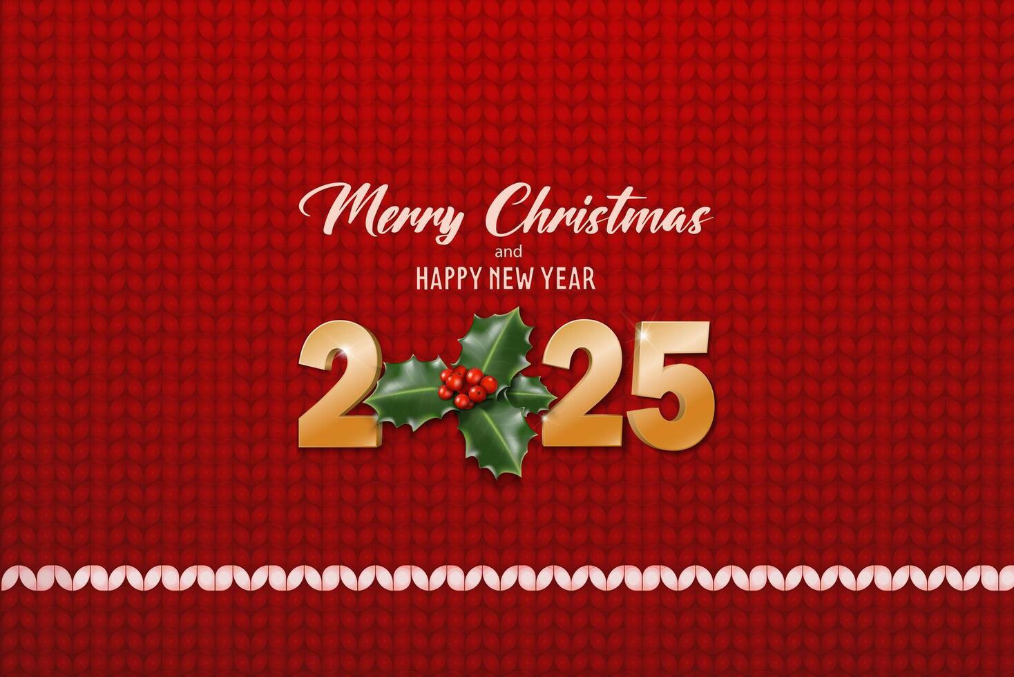 Happy New Year 2025 knitted red background. Merry Christmas banner. Template for greeting card, banner, flyer. Gold 2025 on the red background with Christmas jolly green plant. vector