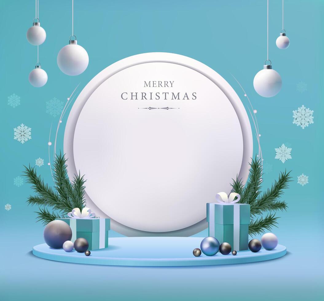Christmas celebration banner. Blue new year illustration with fir tree branches, presents and decorative balls with snowflakes. vector