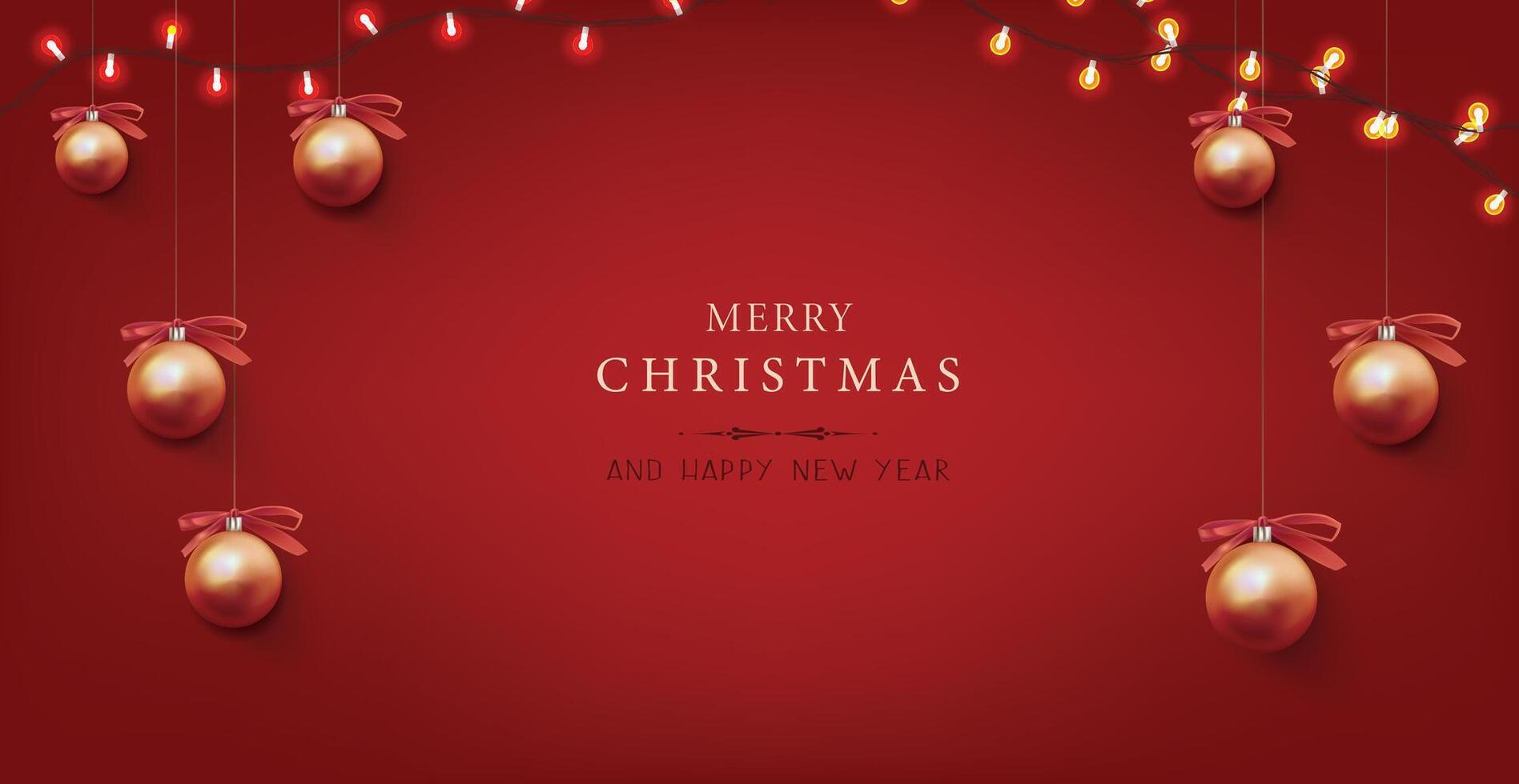 Happy 2025 New Year banner with Christmas decorations on red background. vector