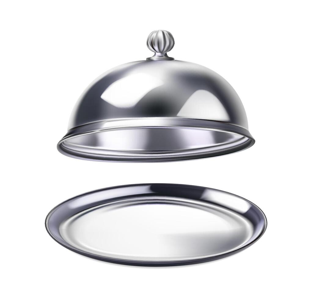 3d realistic icon illustration. Silver tray and food cloche with cover and tray. vector