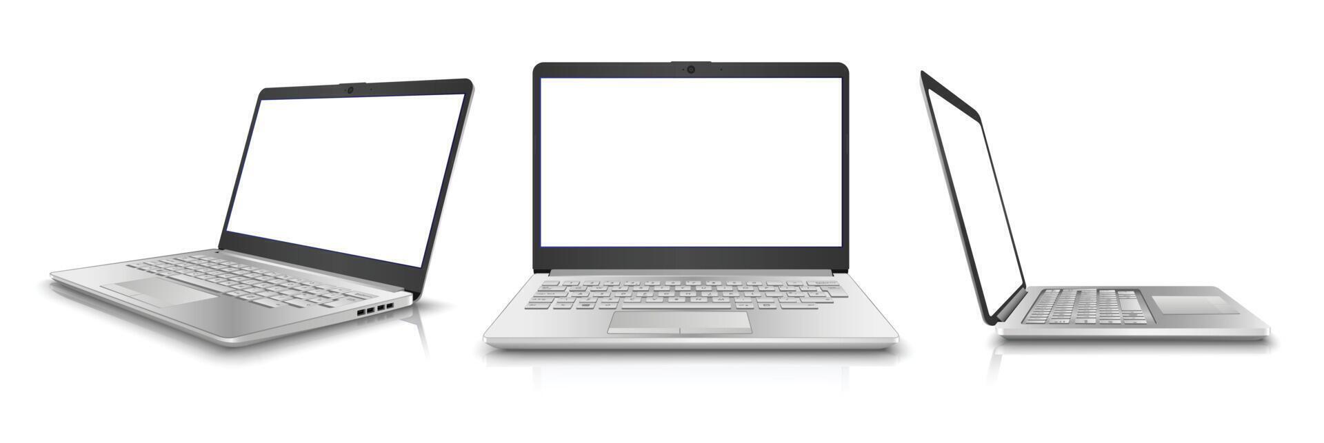 3d realistic collection of laptop in side, front view. Isolated on white background. Perfect for your advertisement. vector