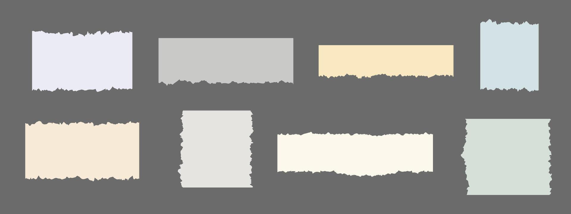 Torn paper scrap with ragged edges set. Ripped template. Piece of horizontal color paper. illustration of torn blank pages with uneven texture edges isolated vector