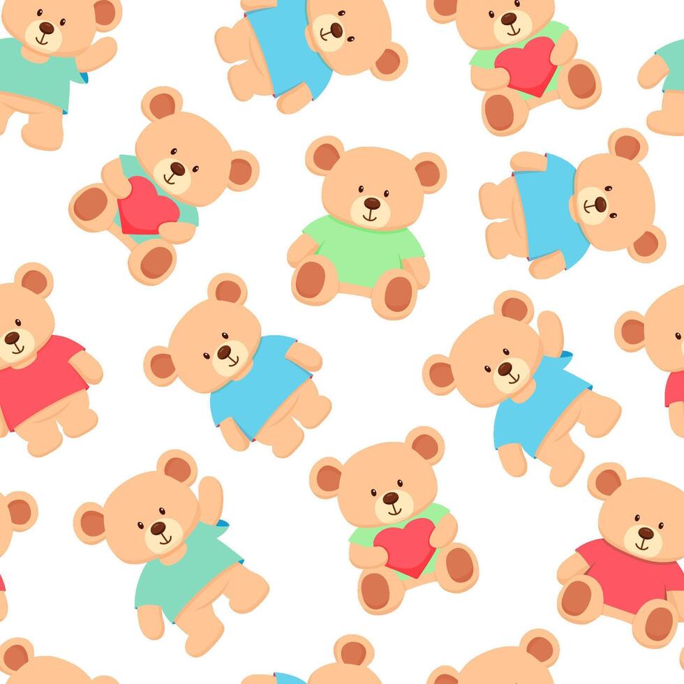Seamless pattern. Cute bear toy in blue, green and red t-shirt. Hand drawn flat childish illustrations isolated on white vector