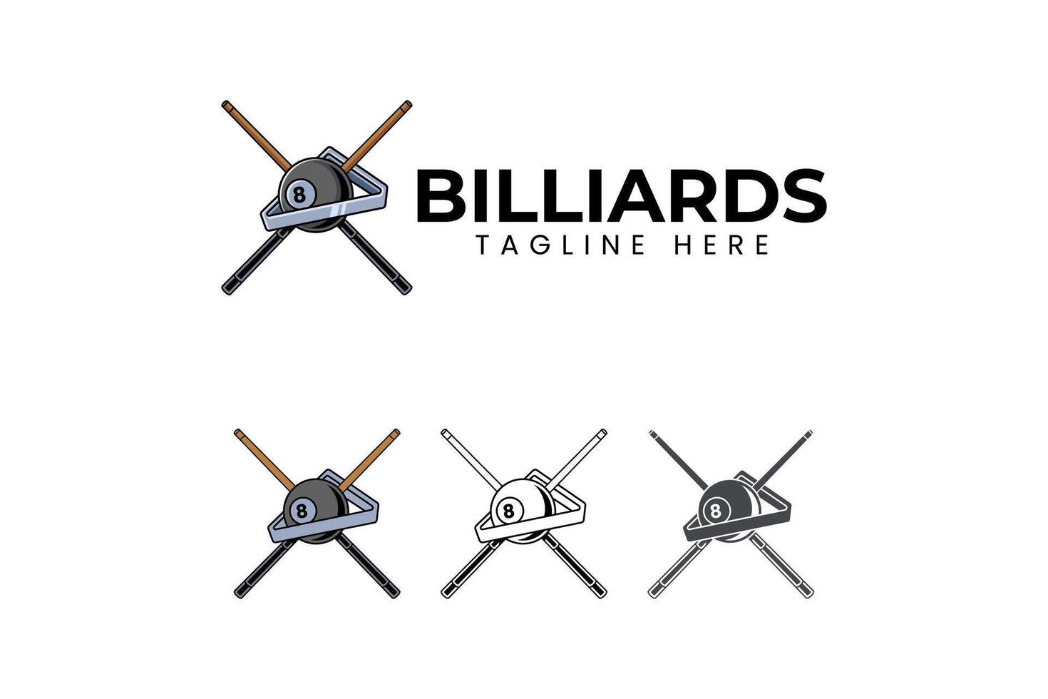 black ball billiard with triangle rack and sticks logo design. 8 pool ball with shelf and cue element design. black ball snooker with rack icon illustration logo for billiard sport club and tournament vector