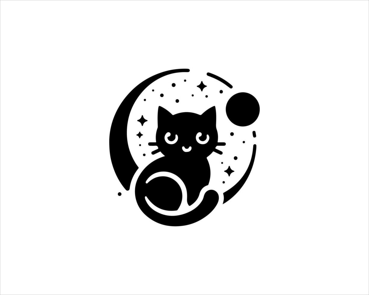A black cat sitting on the moon with stars vector