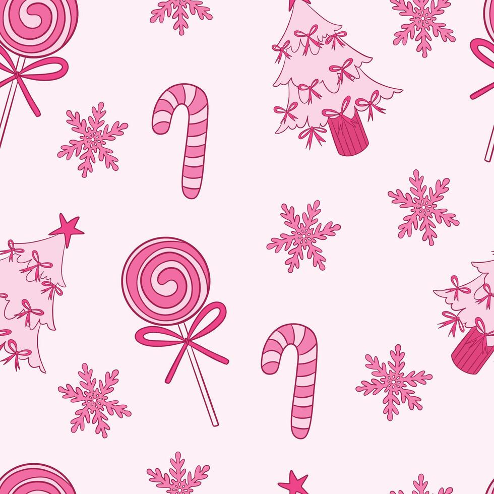 Festive Pink Christmas Pattern with Candy Canes and Snowflakes vector