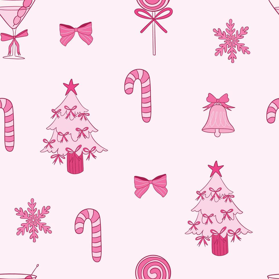 Festive Pink Christmas Pattern With Candy Canes and Trees vector