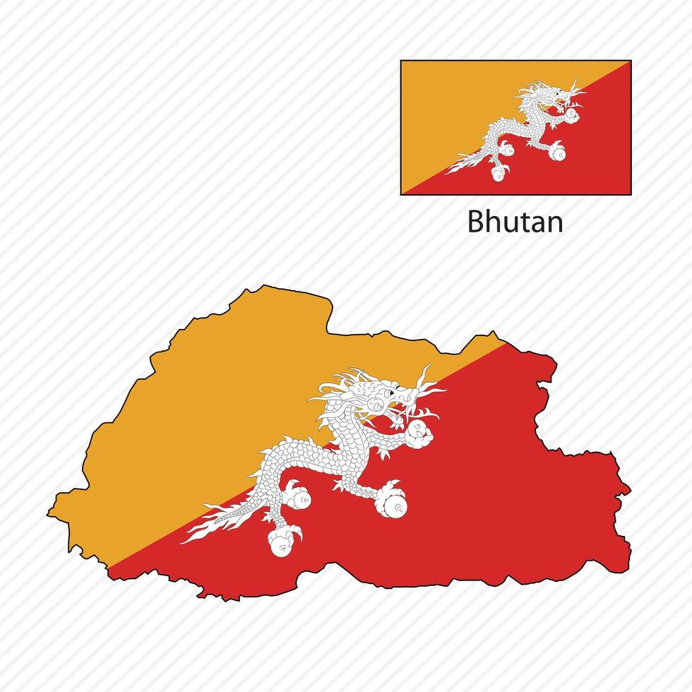 illustration with Bhutan national flag with shape of Bhutan map. Volume shadow on the map vector