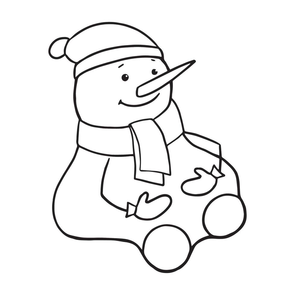 Cute Snowman in a hat, scarf and mittens sits waiting for the New Year. New Year s card. Coloring for children. clip art. vector