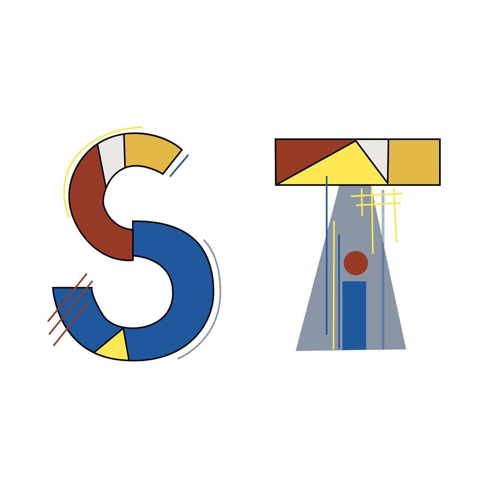 Alphabet letters ST in Kandinsky style for your design, image. Color combination classic triad. vector