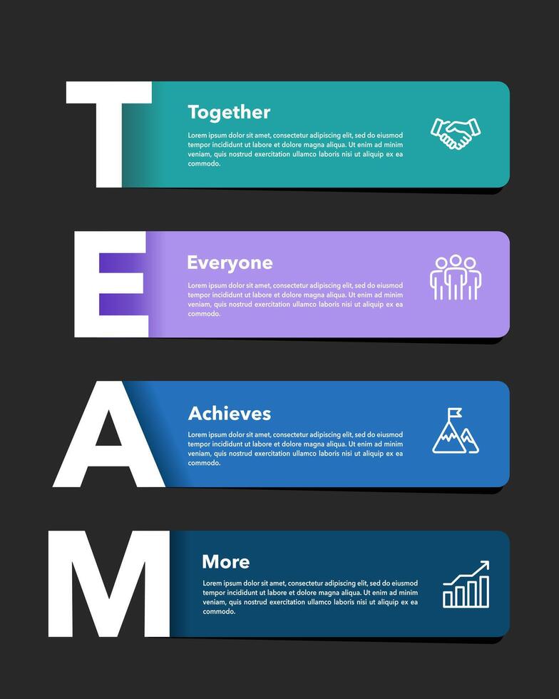 Infographic on the meaning of the word team. Presentation, Plan, Marketing, Report and Strategy. vector
