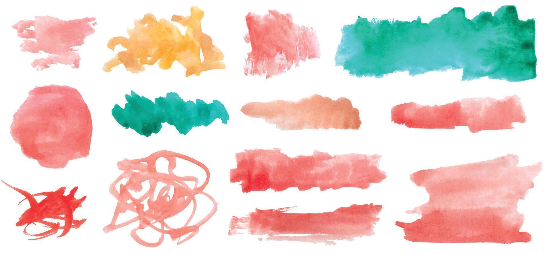 Colorful watercolor spots isolated on white background. Brush strokes doodles. Colored aquarelle sample. Hand drawn watercolour splotch vector