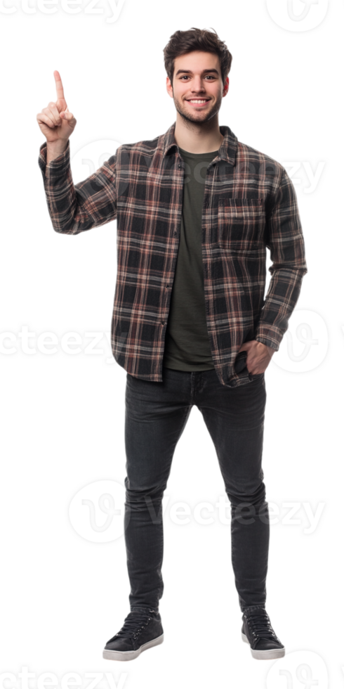 A man in a plaid shirt and jeans is making a gesture png