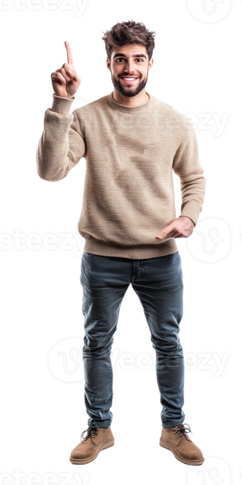 A man in a sweater is pointing his finger up png