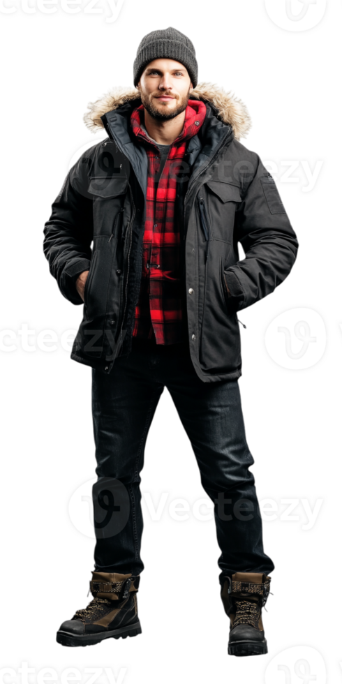A man in a black parka and red plaid shirt png