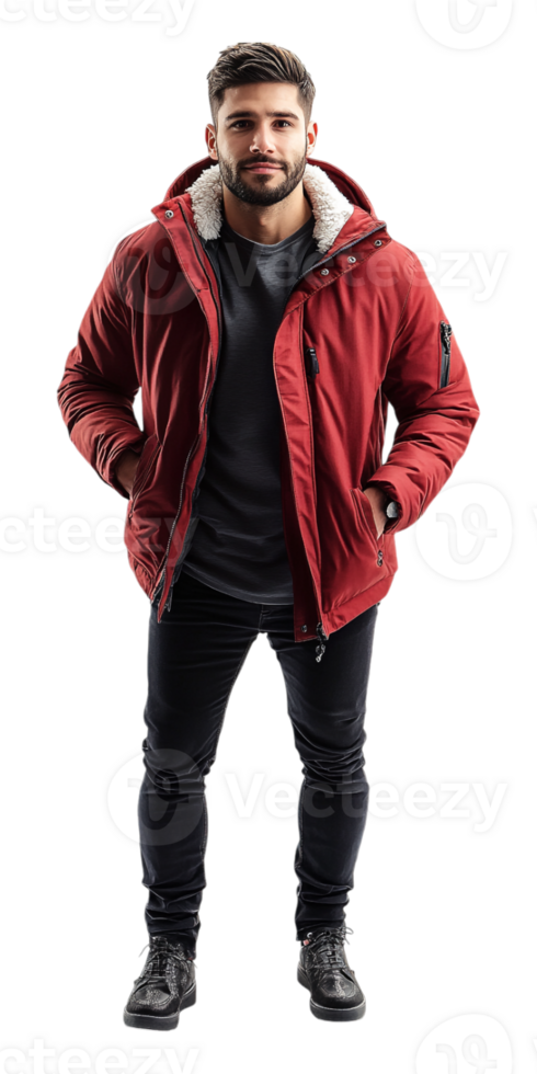 Man in red jacket standing with hands in pockets png