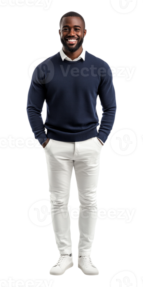 A man in a blue sweater and white pants png