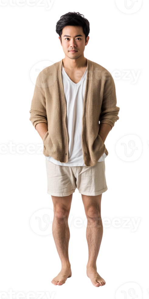 A man in shorts and a sweater standing png