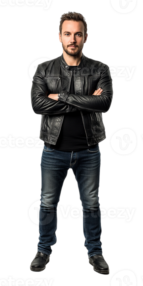 A man in a black leather jacket and jeans png