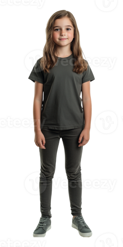 A young girl wearing grey pants and a black t - shirt png