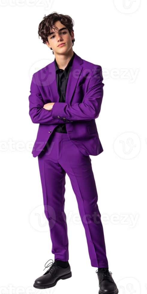 A man in a purple suit standing with his arms crossed png