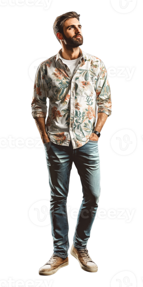 A man in a floral shirt and jeans png