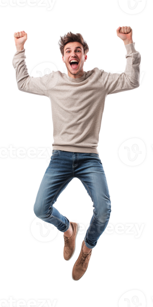 A man is jumping in the air with his arms up png