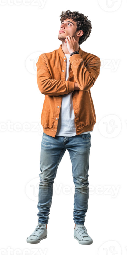 A man in a brown jacket and jeans png