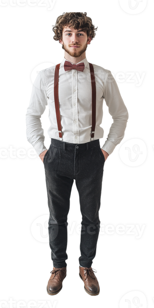 A man in a bow tie and suspenders png