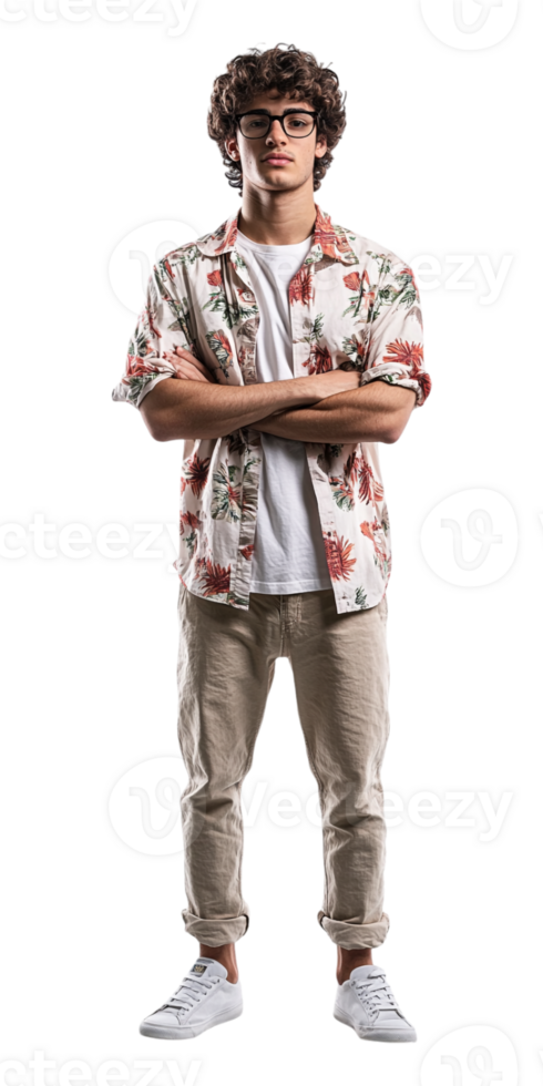 A man in a floral shirt and khaki pants png