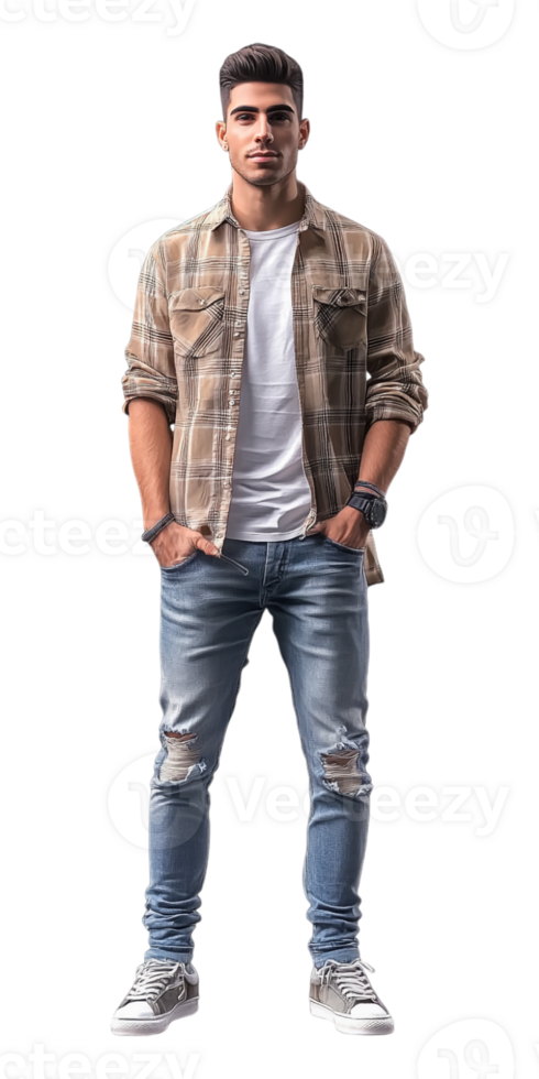 A man in jeans and a plaid shirt png
