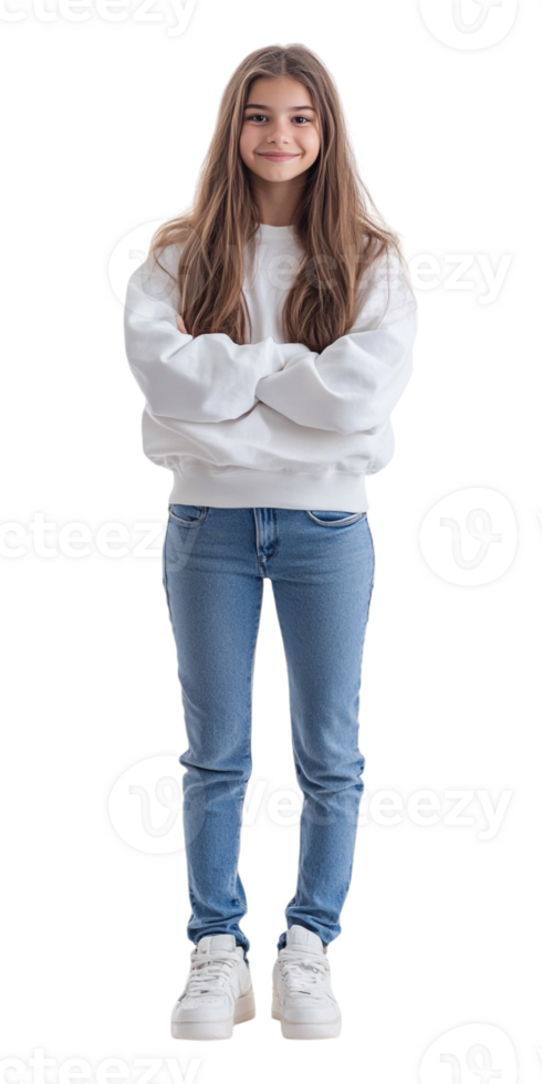 A girl in a white sweatshirt and jeans png