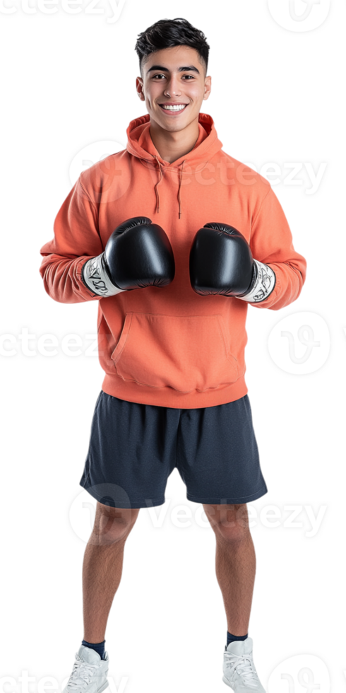 A man in an orange hoodie and shorts is holding boxing gloves png