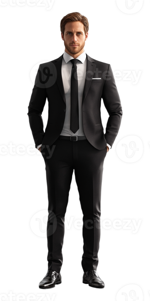 A man in a suit and tie standing with his hands in his pockets png