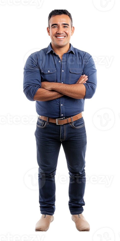 A man in jeans and a blue shirt standing with his arms crossed png